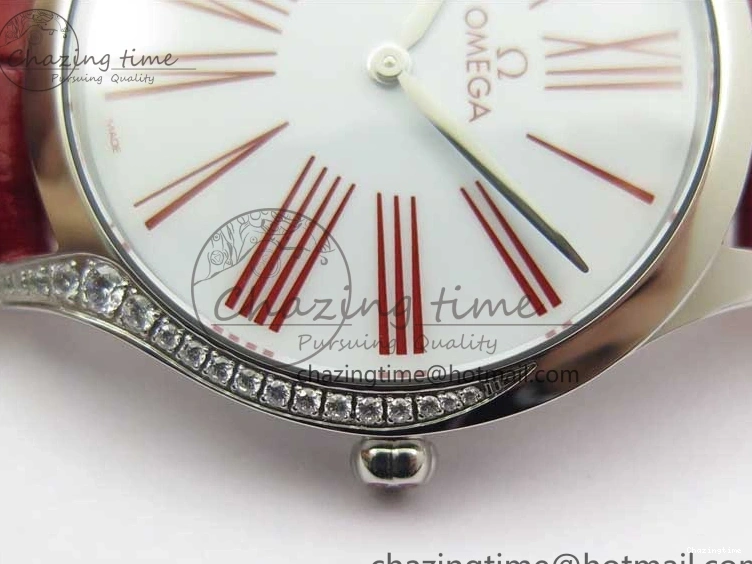 0402 Ladies’ De Ville Trésor Diamond SS 3AF 1:1 Best Edition White Dial On Red Leather Strap Swiss Quartz Snug 7885